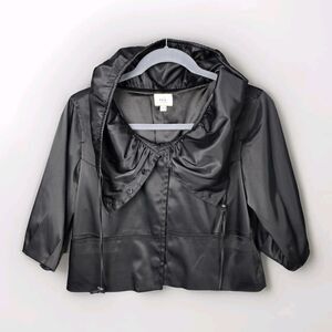 ECI New York Jacket Womens 12 Black Satin Big Collar Swing Crop  Pockets Stretch